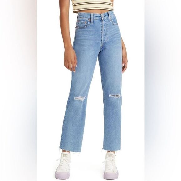 Levi’s Ribcage Straight Ankle Distressed High Waist Button Fly Jeans Size 27 - Picture 1 of 13